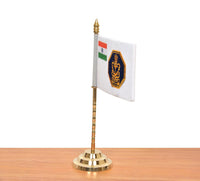 Brass Indian Navy desk flag from side, navy crest and tricolor panel