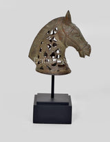 Bronze horse head on stand with pierced decorative mane, mounted on black base