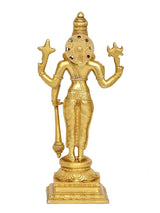 Brass Vishnu statue close view, four-armed standing pose with patterned skirt and headgear