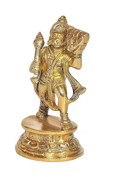 Brass Hanuman idol in side view, Sanjeevani parvat detail behind, ornate pedestal