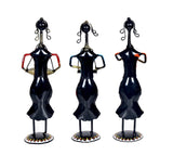 Iron musician lady set of 3, dark glossy outfits with colorful dot patterns on bases