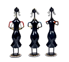 Iron musician lady set of 3, dark glossy outfits with colorful dot patterns on bases