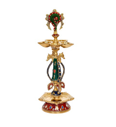 Brass shankh chakra oil lamp diya idol with four-bowl tier and painted green-red dress