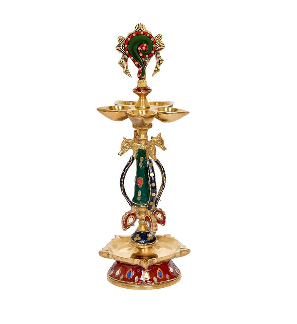 Dattatreya Brass Shankh Chakra Oil Lamps Diya for Home Decor Office Decor Showpiece Idol Figurine Sculpture for Home Decoration (Height 14.5 Inch) (Shankh)