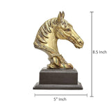 8.5 in gold-tone horse head statue with dark wooden base, 5 in wide