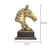 8.5 in gold-tone horse head statue with dark wooden base, 5 in wide
