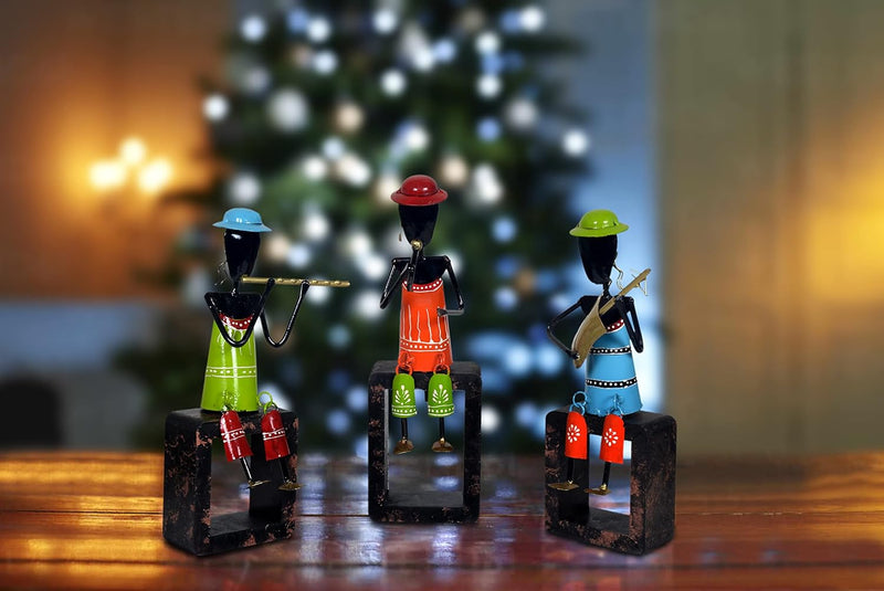 Iron Musician Man Set of 3 Multicolour with wooden base (12 Inches Height)