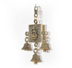 Bronze Lakshmi wall hanging with four bell charms and central square deity plaque