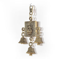 Side view of Lakshmi-Ganesh wall hanging with engraved center panel and bell charms