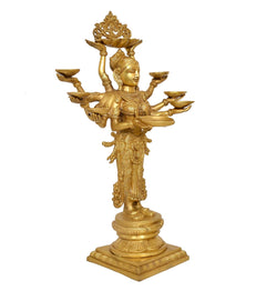Brass Standing Ten-Armed Deepalakshmi Statue | Traditional Multi-Lamp Goddess Idol for Puja, Home Temple, Diwali Gifts & Home Décor (Height: 28 Inches)