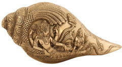 Brass decorative shankh conch with Vishnu and Laxmi figures, 3 in