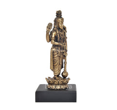 Standing Lord Vishnu idol with sculpted drapery and ornaments, gold-tone on black base