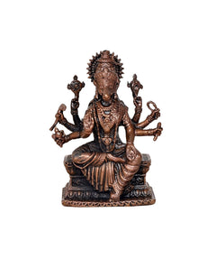 Copper Varahi eight-armed sculpture with ornate crown and jewelry, seated, 3 in