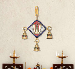 Brass Balaji wall hanging with four bells and blue-red enamel diamond center