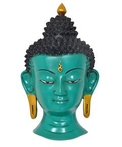 Resin Buddha head wall hanging, turquoise face with black curly hair and gold earrings
