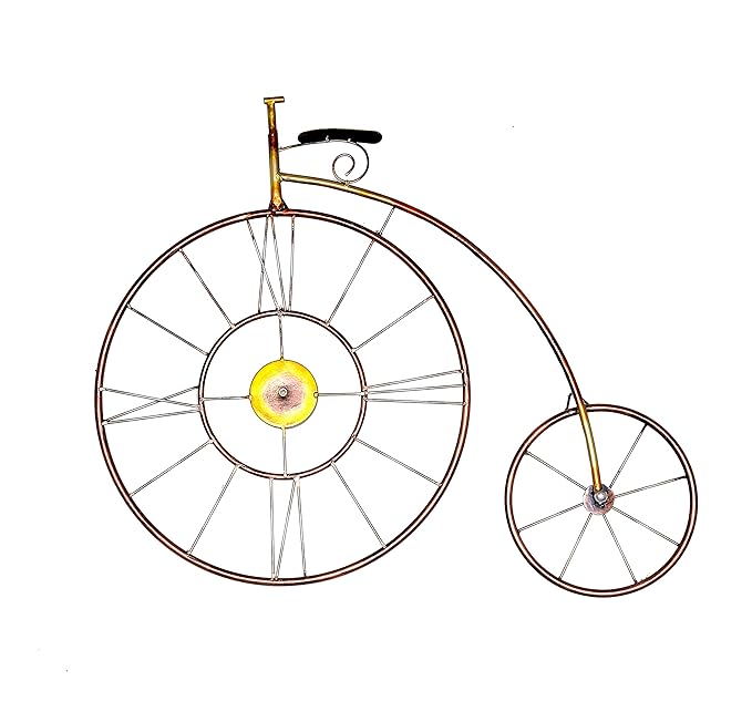 Vintage iron bicycle wall clock with large and small wheels, black top flag.