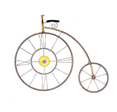 Vintage iron bicycle wall clock with large and small wheels, black top flag.
