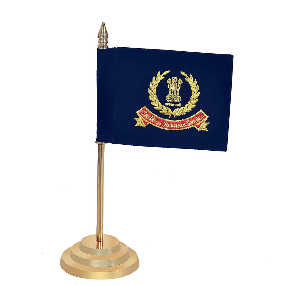 Brass Indian Revenue Service Flag Table Top Desk Flag, Golden Base & Office Decor (Height: 12 inch) Craft Detail
