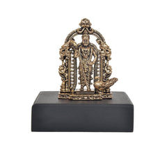 Bronze Murugan standing figurine with shield-like side ornamentation and ornate arch on base
