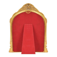 Red fabric backing with gold arched frame for Ram Darbar metal shrine