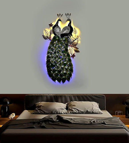 Iron Double Peacock Showpiece Wall Decor With LED Lights (Height: 44 Inches)