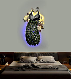 Double iron peacock wall decor with glowing LED lights, green feathers and silver wings