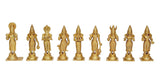 Brass Navagraha deity figurines lineup, nine small standing statues