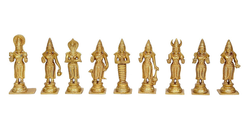Brass Navgraha Statue - Nine Planetary Deities - Intricate Brass Sculpture for Home Temple and Vedic Astrology Decor (Height 7 Inch)