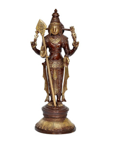 Brass Kartikeya Murugan murti, front view with gold accents and trident staff
