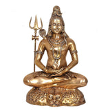 Brass Shiva meditation figure, seated with trident and bead necklaces, ornate base