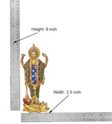 Brass Vishnu standing idol height 8 in, shown with measuring scale and lotus base.