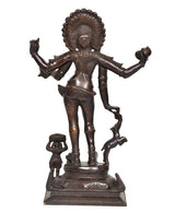 Brass-toned Bhikshatana Shiva sculpture idol, full-body view with crown and detailed pedestal