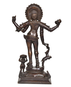 Brass-toned Bhikshatana Shiva sculpture idol, full-body view with crown and detailed pedestal