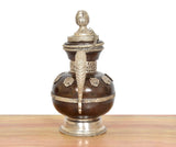 Brass teapot front view with finial lid, vertical ridge detail, dark brown body