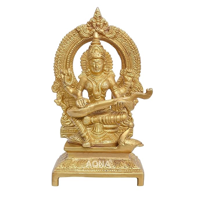 Ganesh Lakshmi and Saraswati Brass Idol Sculpture Murti Statue Golden Height 7 Inches