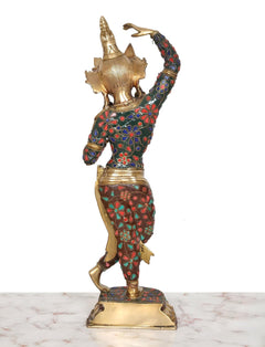Rear view Tara Devi brass dancing statue, multicolor enamel, lifted arm and base