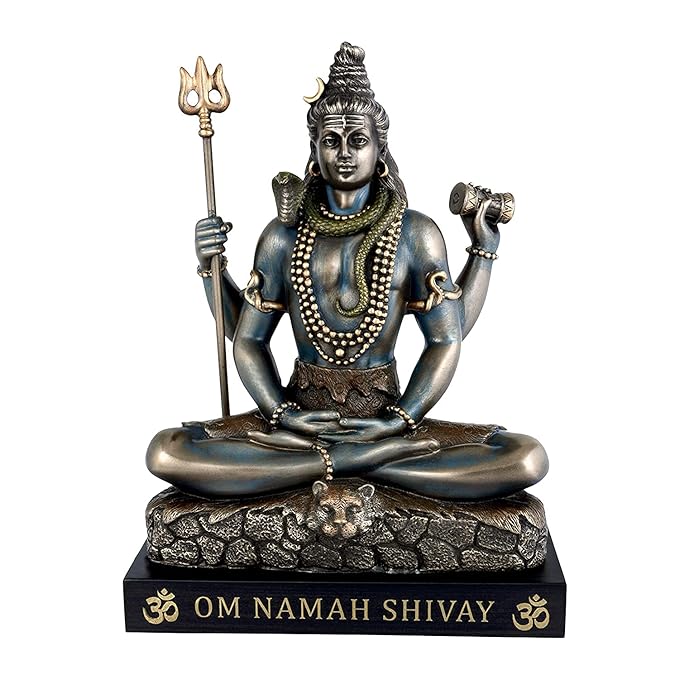 Resin Lord Shiva bronze tone figurine seated in dhyana mudra, trident in hand, on stand