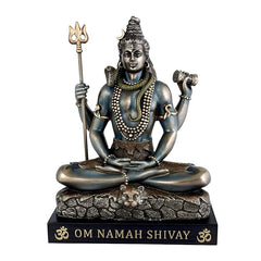Resin Lord Shiva bronze tone figurine seated in dhyana mudra, trident in hand, on stand