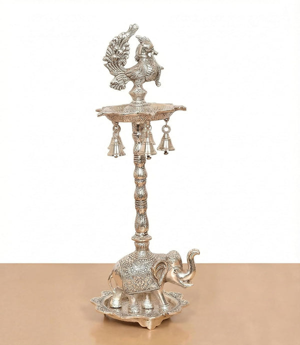 Metal Silver Peacock Oil Lamp Diya Stand for Home Pooja Antique Items Gift Items Deepam Diwali Home and Office Decor (Height:20 Inches) Study Setting