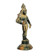 Brass Ardhanarishvara idol, angled view with gold detailing on green body, 6-inch