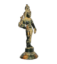 Brass Ardhanarishvara idol, angled view with gold detailing on green body, 6-inch