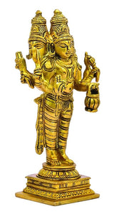 Brass Trimurti-style idol with four arms, detailed crown, hands posed in blessing and gesture