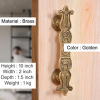 Golden brass door pull handles pair, detailed floral grips, 10 inch height