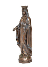 Mother Mary resin statue side profile, crown and blue accents on robe, bronze tone
