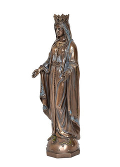 Mother Mary resin statue side profile, crown and blue accents on robe, bronze tone