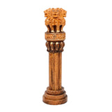 Brown wooden pillar showpiece with carved lion top and fluted column