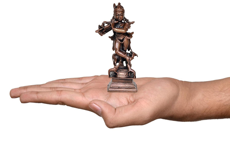 Copper Lord Krishna with Cow Idol Figurine Sculpture Playing Flute Statue Decorative Showpiece, (Height 4 Inch)