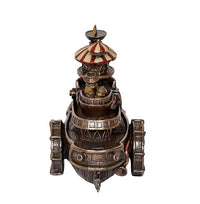 Steampunk-Gondola-Statue aus Harz, Rückansicht mit Tragegriffen und rotem Laternenschirm