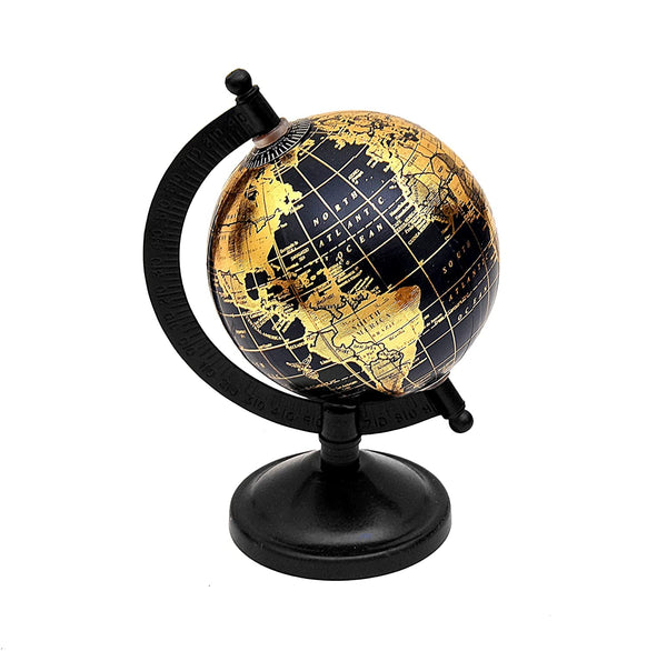7" Black and Gold Political World Globe – Decorative Laminated Desk Globe for Office with Gold Continents & Black Ocean, Includes Free Magnifying Glass – Modern Executive Decor Entryway Setting
