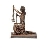 Resin Lady Justice kneeling profile figurine, holding scales and sword, bronze-toned finish